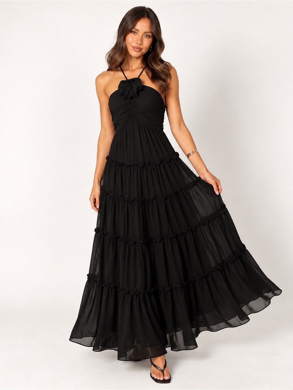 NEW Petal & Pup Dottie Black Halter Tiered Maxi Dress Formal Wedding Guest
